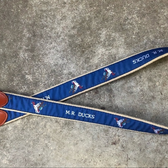 Leather Man M.R. Ducks Blue Ribbon Tan Canvas Belt Brown Leather Tabs Size 40 - Picture 2 of 6